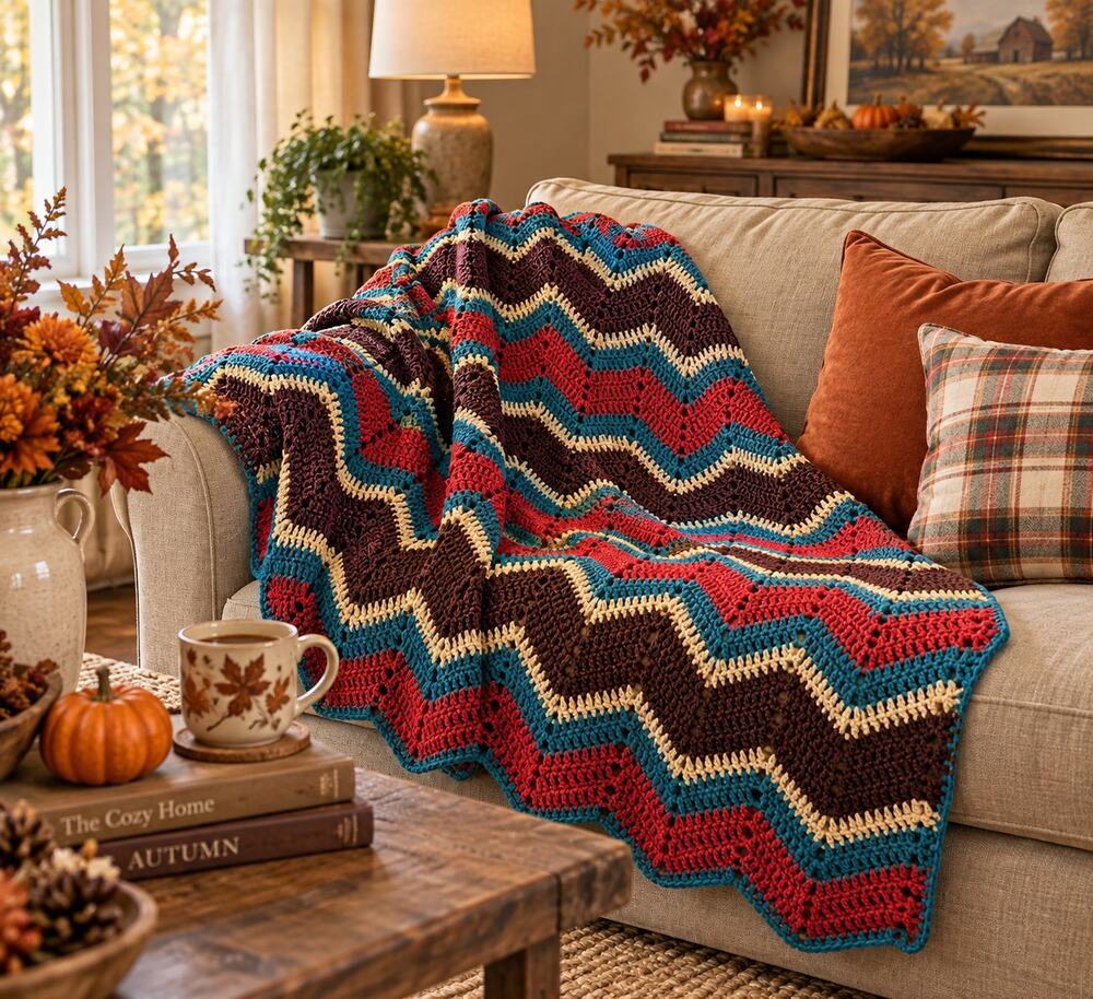 Handmade Crochet Vibrant Autumn Afghan Blanket Brown Teal Red Oversized 78 x 60